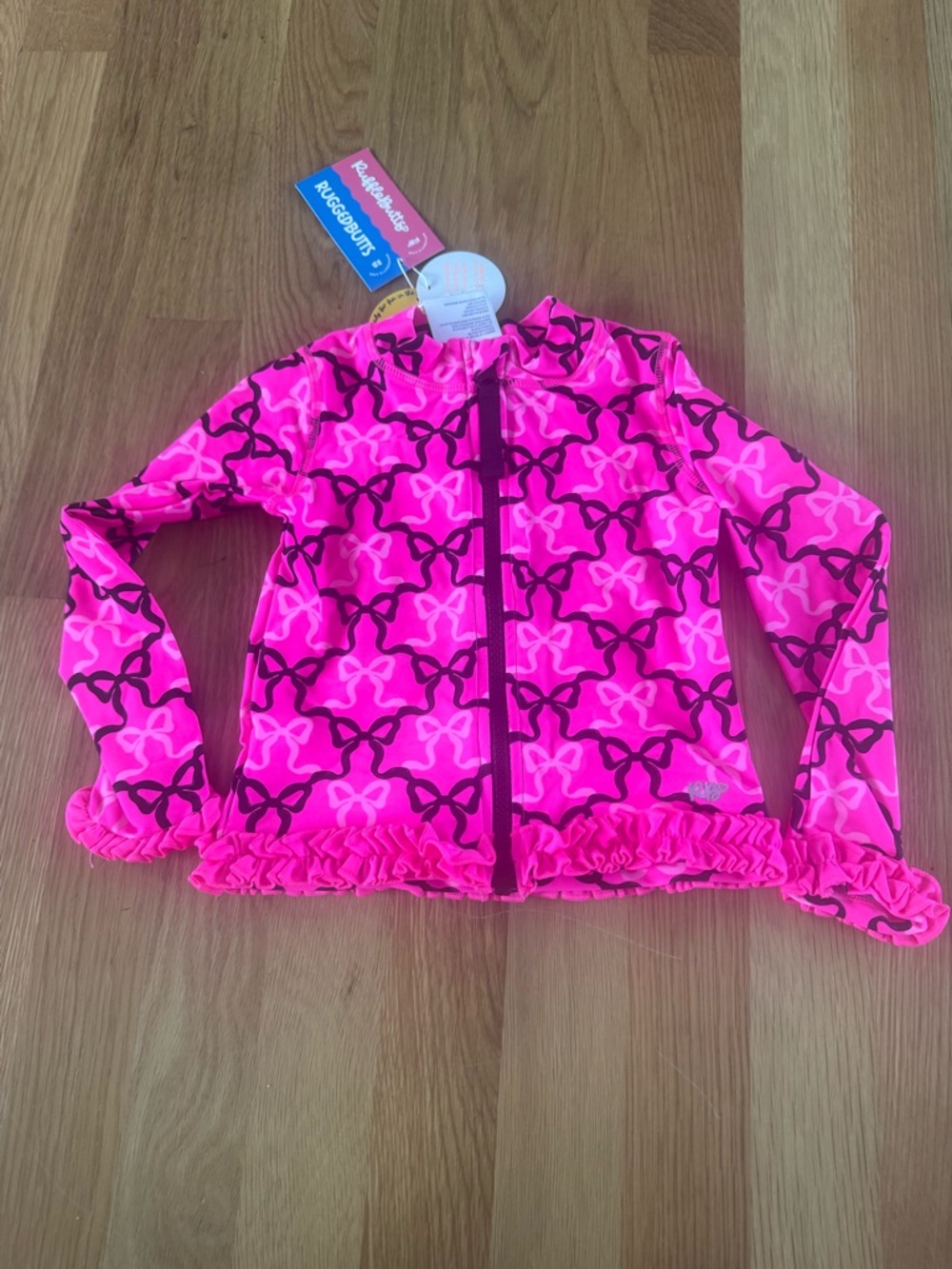 NWT. Ruffle Butts Neon Pink Bow-Print Kids Swim Rashguard and Pants